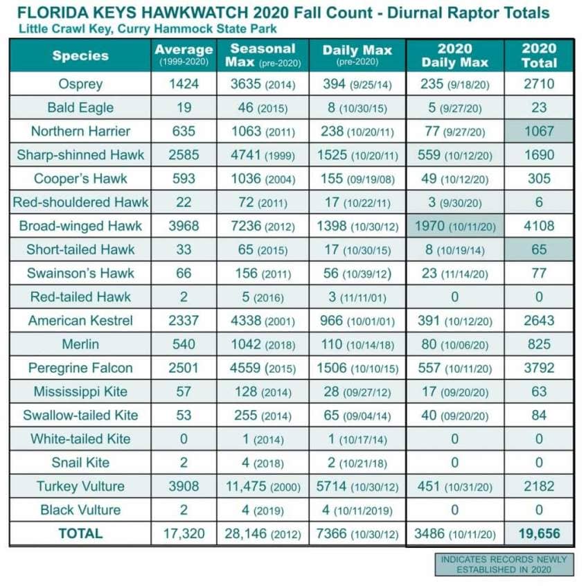 Florida Keys Hawkwatch 2020 Fall Count Data